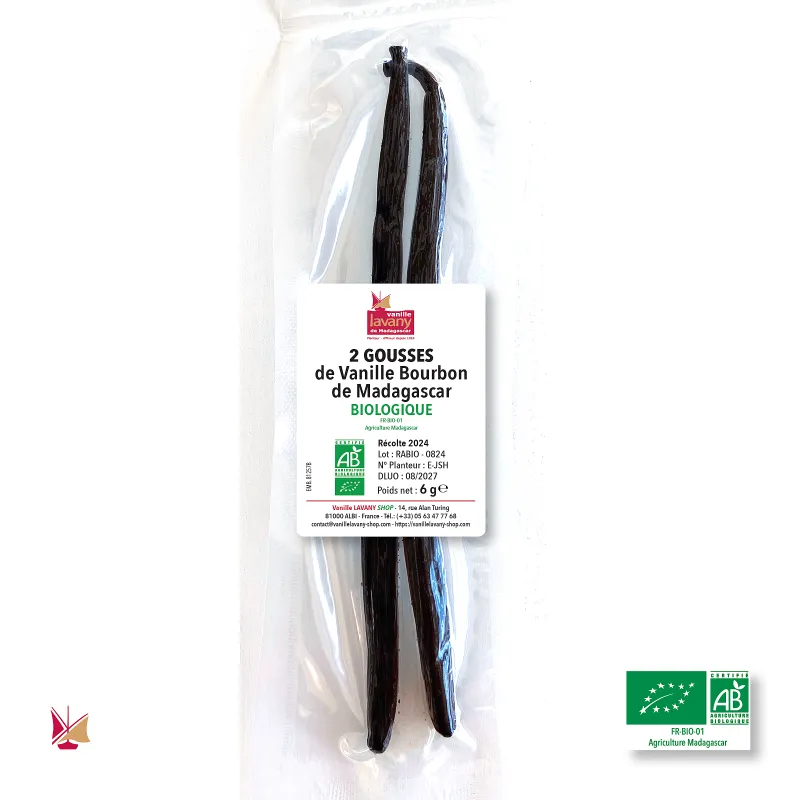 2 gousses de Vanille Biologique LAVANY Bourbon de Madagascar en sachet sous vide - Poids net total 6 g