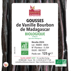 Etiquette de 30 gousses environ de Vanille Biologique LAVANY Bourbon de Madagascar - Poids net total 125 g