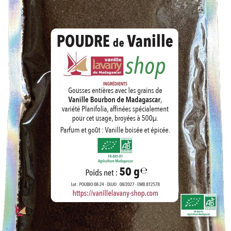 Etiquette de la Poudre de Vanille LAVANY Biologique Bourbon de Madagascar - poids net 50 g