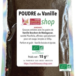 Etiquette de la Poudre de Vanille LAVANY Biologique Bourbon de Madagascar - poids net 15 g