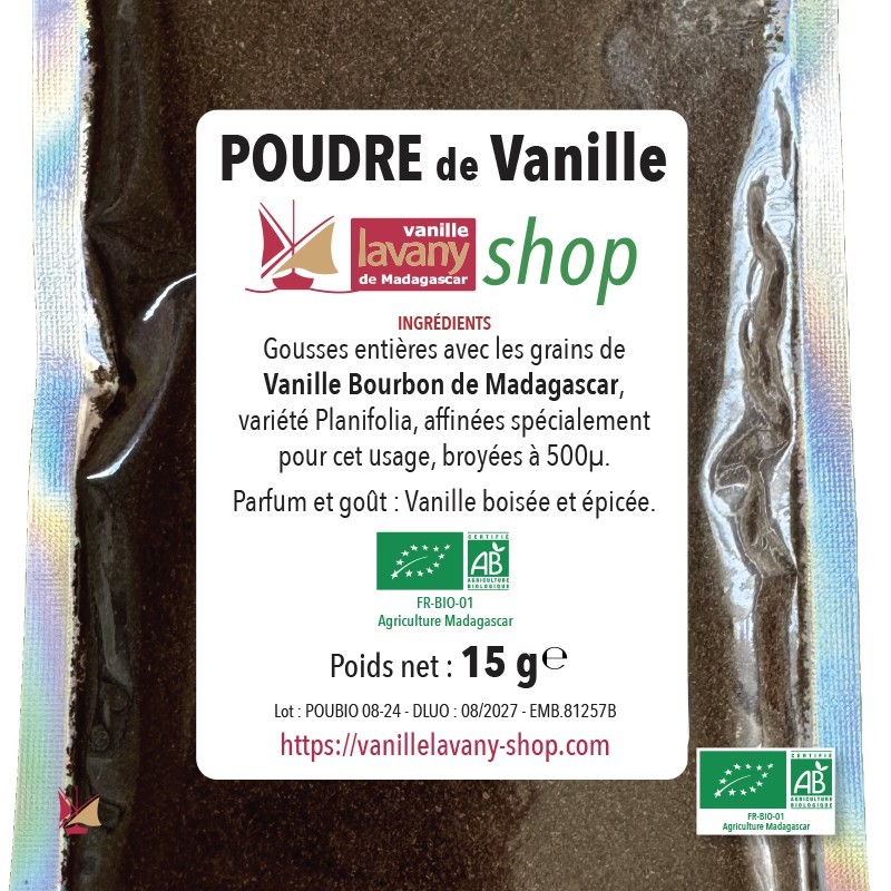 Etiquette de la Poudre de Vanille LAVANY Biologique Bourbon de Madagascar - poids net 15 g