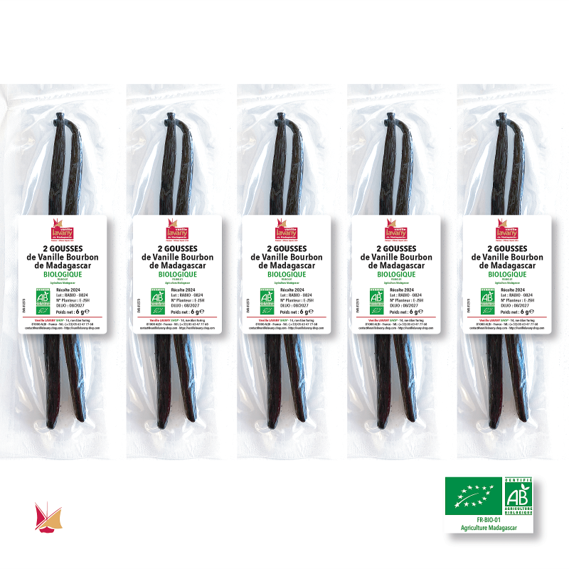 5 fois 2 gousses de Vanille Biologique LAVANY Bourbon de Madagascar en sachets sous vide individuels - Poids net total 30 g