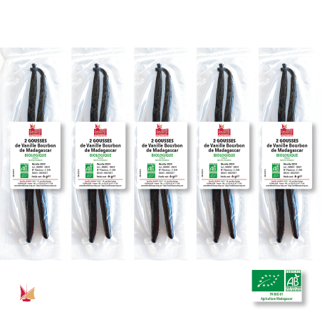 5 fois 2 gousses de Vanille Biologique LAVANY Bourbon de Madagascar en sachets sous vide individuels - Poids net total 30 g