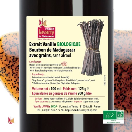 Etiquette d'Extrait liquide de Vanille Biologique LAVANY en flacon de 100 ml - Poids net 125 g