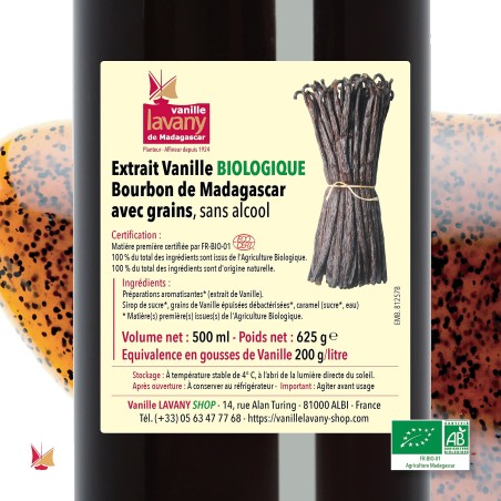Label for LAVANY Organic Vanilla Liquid Extract in a 500 ml bottle - Net weight 625 g